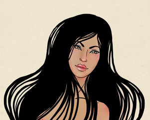 Spa set: Brunette Asian girl with long hair, raster illustration