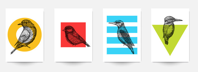 Poster - Set background template of card, cover, poster, banner, flyer with hand drawn birds and color geometric shapes. Collection minimalistic modern art composition. Creative vector illustration.