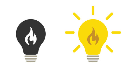 Flame energy in a light bulb. Set of icons.