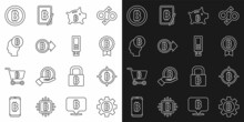 Set Line Cryptocurrency Coin Bitcoin, The Target, Piggy Bank Bitcoin, Think, And USB Flash Drive Icon. Vector