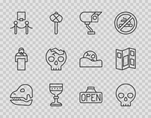 Sticker - Set line Dinosaur skull, Human, Security camera, Medieval goblet, Picture and rope barrier, Broken human, Hanging sign with Open and Museum guide brochure icon. Vector