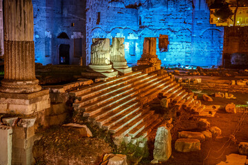 Roman Imperial forums. Ruins. Night shot, selective focus. Rome, Italy