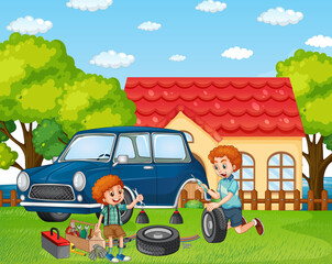 Canvas Print - Outdoor scene with dad and son fixing a car together