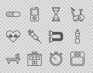 Sticker - Set line Bench with barbel, Bathroom scales, Old hourglass, Gym building, Vitamin pill, Doping syringe, Stopwatch and Bottle of water icon. Vector