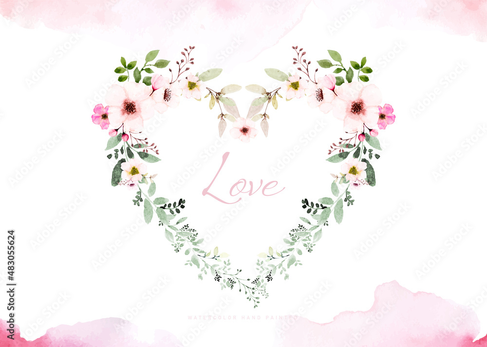 Watercolor of love with pink flowers and leaves decorated heart shape ...