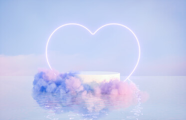 Aufkleber - Natural beauty podium backdrop for product display with dreamy cloud and neon light background. Romantic 3d seascape scene.