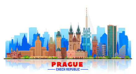 Prague ( Czech Republic ) skyline with panorama in white background. Vector Illustration. Business travel and tourism concept with modern buildings. Image for banner or website.