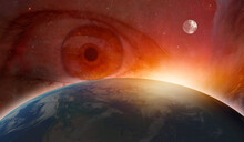 God Eye Over The World With Planet Earth With A Spectacular Sunset "Elements Of This Image Furnished By NASA"