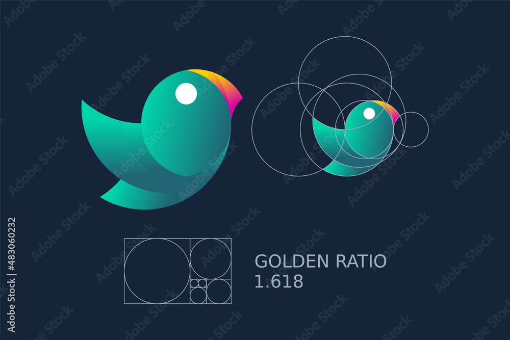 Golden ratio bird. Golden ratio design principle. Blue green parrot or ...