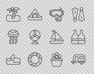 Sticker - Set line Shark fin in ocean wave, Rv Camping trailer, Diving mask, Rubber swimming ring, Tropical palm tree, Electric fan, Ice bucket and Life jacket icon. Vector