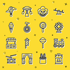 Sticker - Set line Ticket box office, Toy train, Ferris wheel, Clown head, Unicycle or one bicycle, Ice cream waffle cone, Hot air balloon and Lollipop icon. Vector