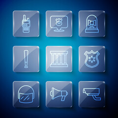 Poster - Set line Police helmet, Megaphone, Security camera, Flasher siren, Prison window, Baseball bat, Walkie talkie and badge icon. Vector