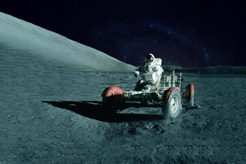 Wall Mural - astronaut near the moon rover on the moon. with land on the horizon. elements of this image were fur