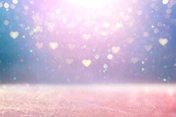 Wall Mural - purple and pink glitter vintage lights background. defocused. hearts overlay