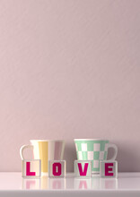 LOVEの文字に並んだガラスキューブとコーヒーカップ　3DCG　背景　恋愛イメージ