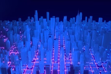 Wall Mural - Infrastructure of a smart night city. Residential city buildings of innovative design. Smart city with digital communication technologies.