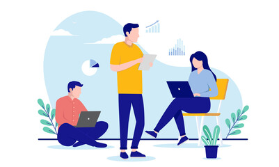 Poster - Working with analytics - casual business people working on computers with graphs and charts. Flat design vector illustration with white background