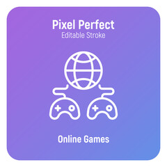 Wall Mural - Online games thin line icon. Two gamepads are connected with globe. Pixel perfect, editable stroke. Vector illustration.