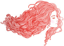 Beauty Salon: Portrait Of Pretty Young Woman In Profile View With Long Beautiful Red Hair. Vector Illustration