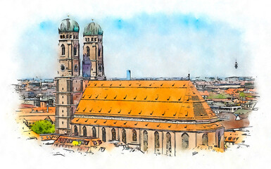 The Frauenkirche, a church in Munich, Bavaria, Germany, a landmark and is considered a symbol of the Bavarian capital city, watercolor sketch illustration. 