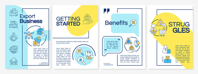 Trading abroad blue and yellow brochure template. Exporting business Leaflet design with linear icons. 4 vector layouts for presentation, annual reports. Questrial, Lato-Regular fonts used