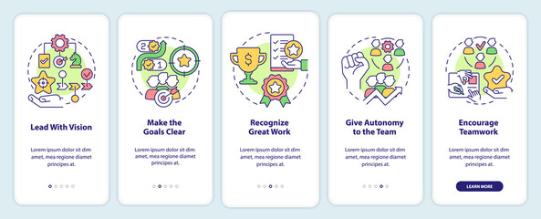 Improving employee motivation onboarding mobile app screen. Clear goals walkthrough 5 steps graphic instructions pages with linear concepts. UI, UX, GUI template. Myriad Pro-Bold, Regular fonts used