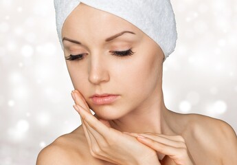 Poster - Beautiful young woman with clean fresh skin, Face care, Facial treatment, Cosmetology