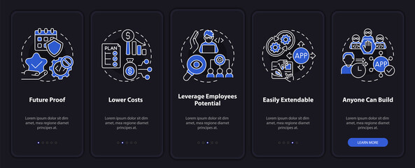Benefits of no code night mode onboarding mobile app screen. Web 3 0 walkthrough 5 steps graphic instructions pages with linear concepts. UI, UX, GUI template. Myriad Pro-Bold, Regular fonts used