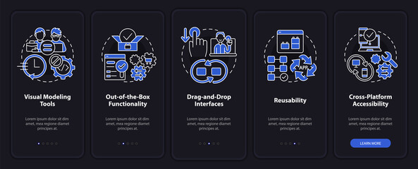 Low code platforms features night mode onboarding mobile app screen. Web walkthrough 5 steps graphic instructions pages with linear concepts. UI, UX, GUI template. Myriad Pro-Bold, Regular fonts used