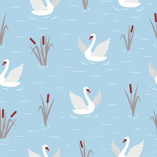 Seamless Pond Pattern With Swans And Reeds. Vector Birds Illustration.	