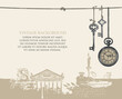 Vintage background with place for text. Vector illustration with hand-drawn pocket watch and old keys hanging on a rope on an abstract backdrop with an old building facade, inkwell, feather and candle