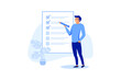 © Alwie99d - finishing project tasks or work done conclusion, project management or process plan concept, smart businessman using pen to check on project list checkbox marked as completed. flat vector illustration