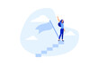 © Alwie99d - Success female entrepreneur, woman leadership or challenge and achievement concept, success businesswoman on top of career staircase holding winning flag looking for future visionary. flat vector