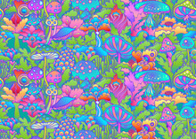 Colorful Flowersl And Mushrooms Seamless Pattern, Retro 60s, 70s Hippie Style Background. Vintage Psychedelic Textile, Fabric, Wrapping, Wallpaper. Vector Repeating Magic Floral Illustration.