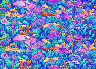 colorful flowersl and mushrooms seamless pattern, retro 60s, 70s hippie style background. vintage ps