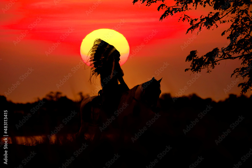 silhouette of indians man riding a horse on sunset background Stock ...