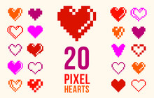 8bit Pixel Hearts Vector Logos Or Icons Set, Retro Game From 90s 8 Bit Style Heart Symbols Collection, Graphic Design Stylish Elements.