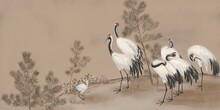 White Cranes With Background. Abstract Watercolor Paint Background Grunge Texture. Interior Wallpaper. Mural For The Walls, Fresco For The Room, Interior Grunge Style