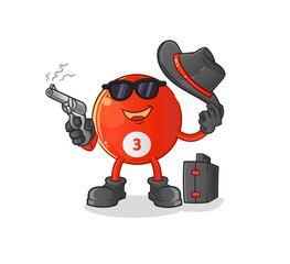 Sticker - red billiard ball mafia with gun character. cartoon mascot vector