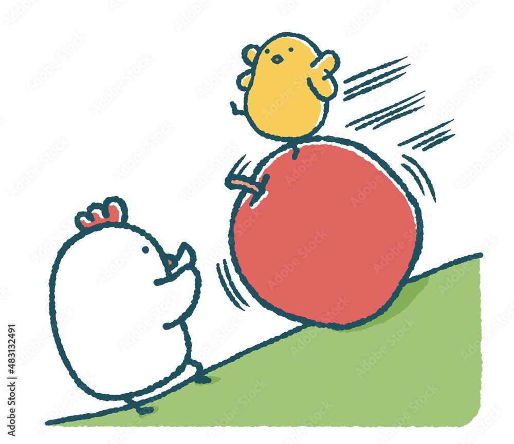 ゆるいひよこは転がる大きなりんごに乗ってにわとりはそれを止めよう