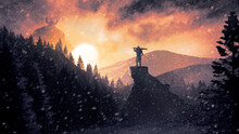 Winter Fantasy Landscape With Rocky Terrain, Bright Sun And Coniferous Forest. A Fabulous Scene With Clouds And A Snowstorm, With A Giant Behind The Mountains And A Warrior Standing On A Stone Upland.