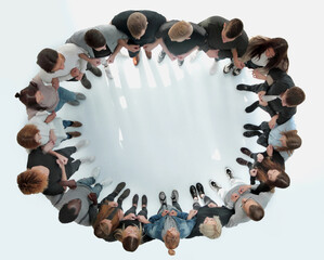 top view .a large group of young people standing in a circle