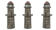 Medieval Round Watch Tower With Lookout Balcony. 3D Illustration With 3 Different Angles Isolated On White.