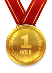 Wall Mural - first place trophy. golden medal on red ribbon