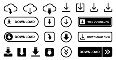 Poster - Download Button Line and Silhouette Icon Set. Down Load Web App, File, Video, Document Pictogram. Cloud, Circle, Arrow Down Upload Concept Symbol. Editable Stroke. Isolated Vector Illustration