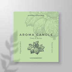 Wall Mural - Aroma candle vector label template. Gooseberry berry scent from local purveyors advert design. Ink style sketch background layout decor Natural smell product package text space