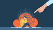 Violence, bullying, intimidation. Man with anxiety touch head. Harassment in the family, at work. A frustrated guy with nervous problem feels anxiety, confusion of thoughts. Flat illustration.