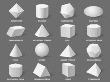 Geometric 3d Shapes. Realistic White Basic Geometry Form Sphere And Pyramid, Hexagonal And Prism, Tetrahedron And Cone Objects Vector Set