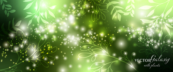 Wall Mural - magical color galaxy with plants decor. realistic nebula and lots of shining stars. infinite univers