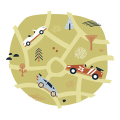 cars drive on the roads. cartoon map kids nursery poster print isolated on white background. vector 